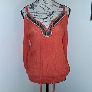 Iz Byer Cold-Shoulder Beaded V-Neck